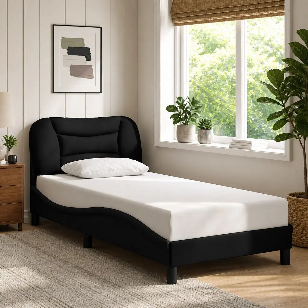 Fabric Bed Frame 90x190 cm Plywood Slats Cushioned Headboard Black Modern