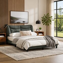 Stylish Grey Fabric Double Bed Frame with Headboard