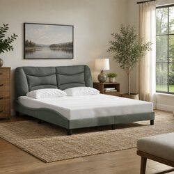 Sturdy Grey Upholstered Queen Bed Frame with Headboard