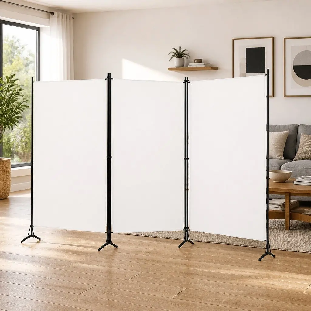 3-Panel Room Divider Fabric White Foldable Privacy Screen Partition 260 x 180 cm