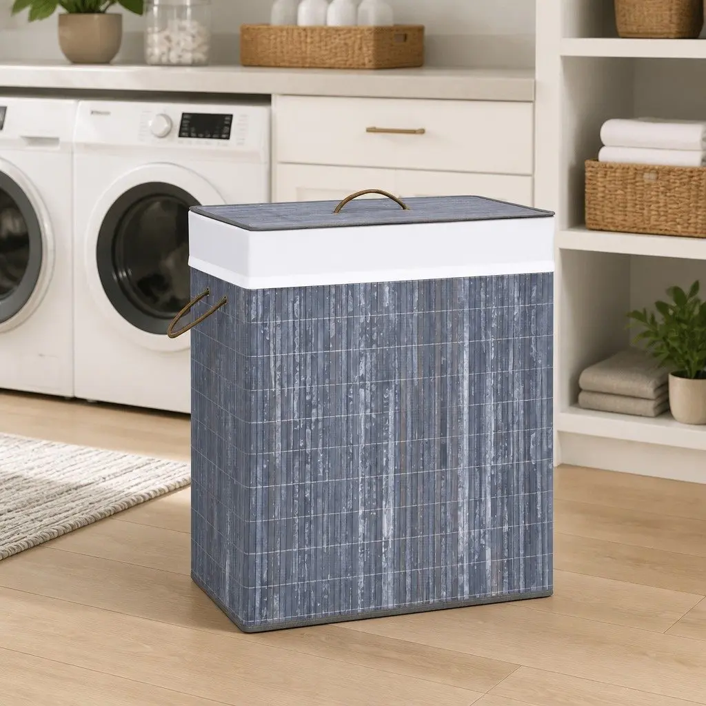 Grey Bamboo Laundry Basket with 2 Sections