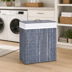 Stylish Grey Bamboo Laundry Basket with 2 Sections