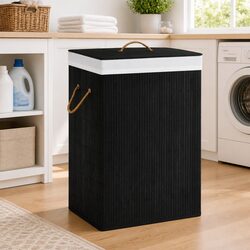 Bamboo Laundry Basket 2 Compartments Black 72L Household Storage Hamper