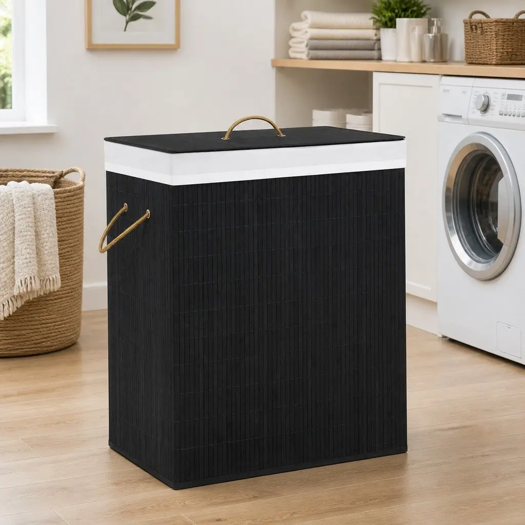 Bamboo Laundry Basket Black 2 Sections Removable Liner Handles