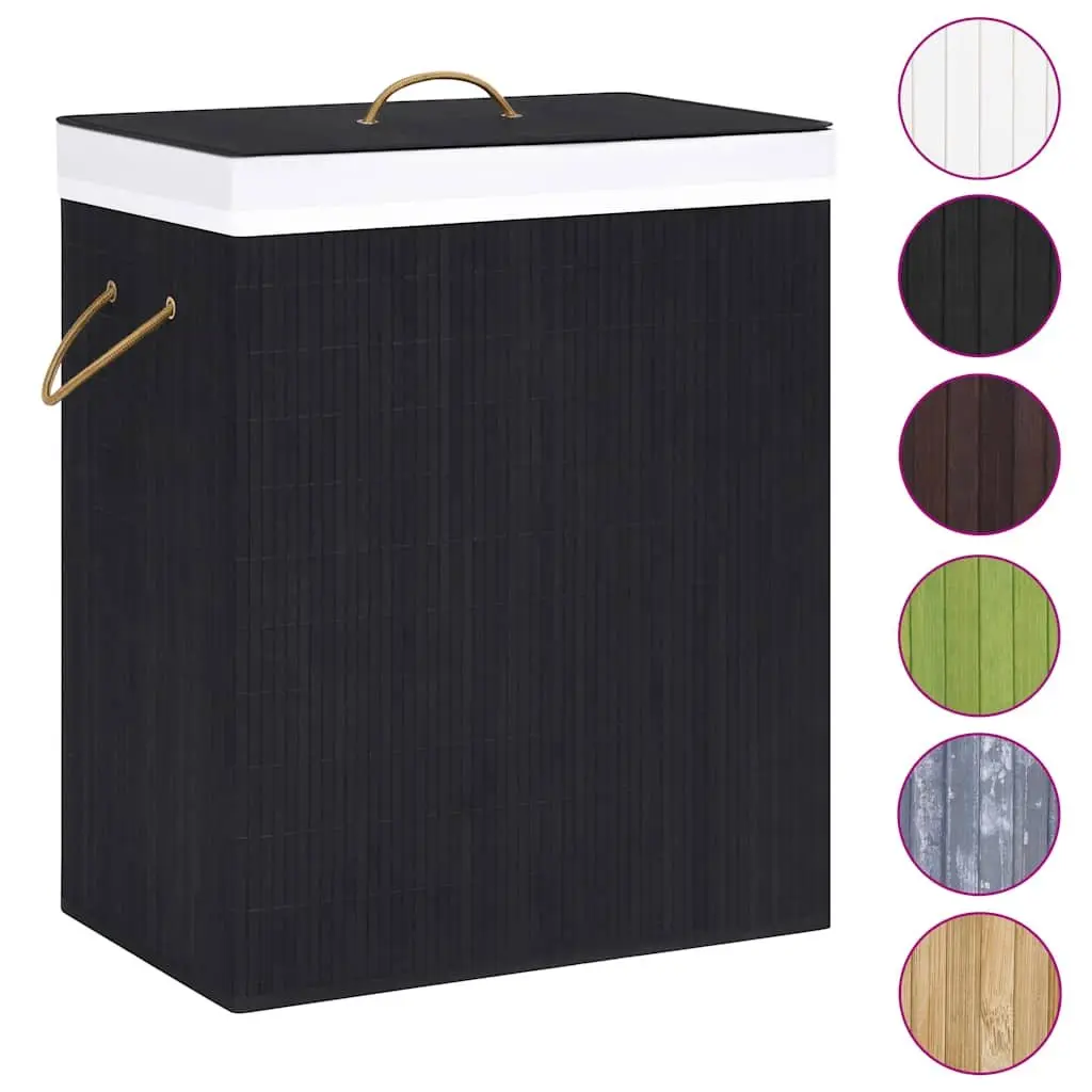 Bamboo Laundry Basket Black 2 Sections Removable Liner Handles