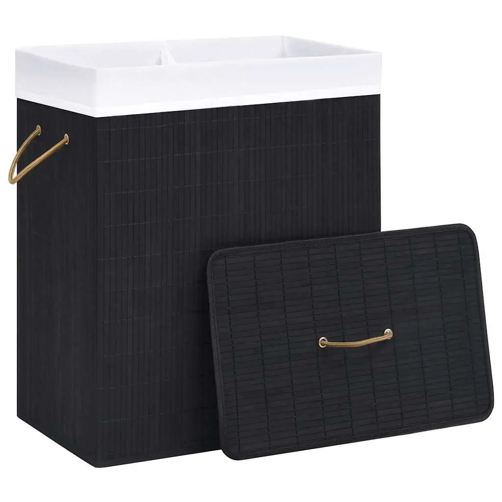 Bamboo Laundry Basket Black 2 Sections Removable Liner Handles