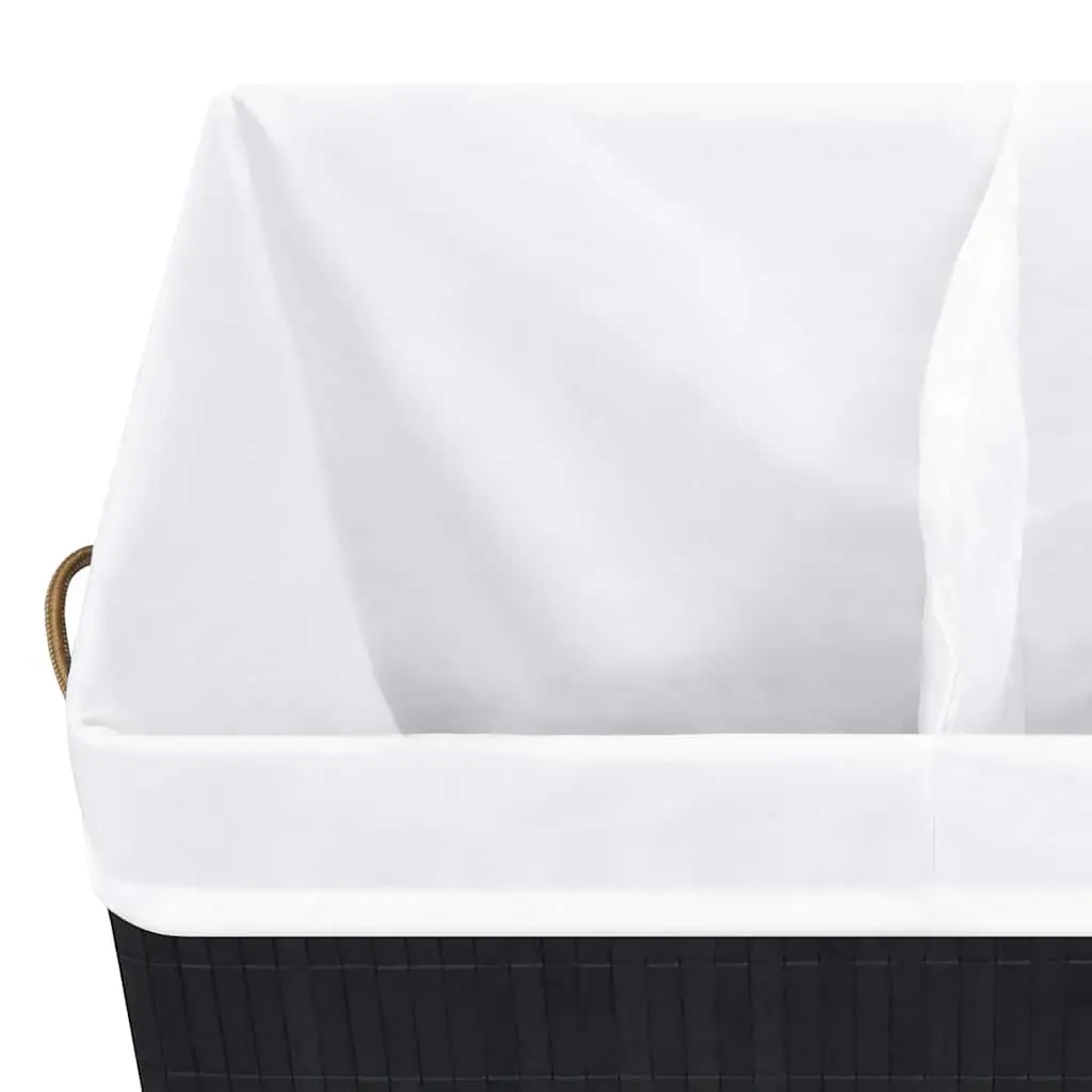 Bamboo Laundry Basket Black 2 Sections Removable Liner Handles