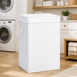 Bamboo Laundry Basket Single Section Removable Liner Handles Household Storage