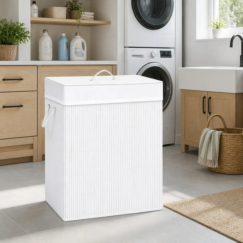 White Bamboo Laundry Basket 83L with Handles