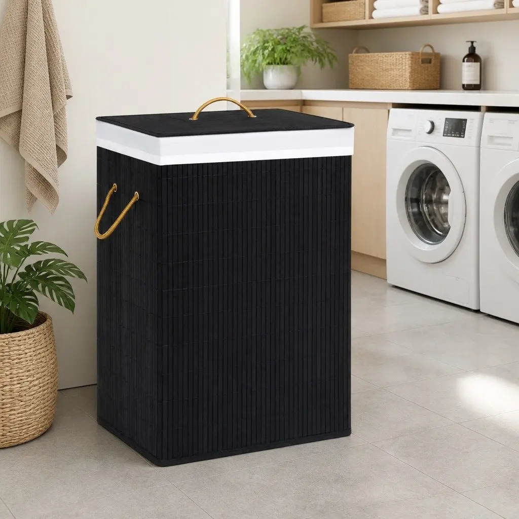 Black Bamboo Laundry Basket with Woven Liner