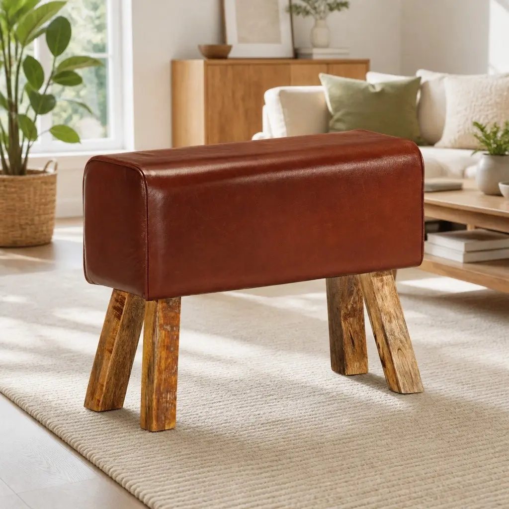 Gym Bok Bench with Leather Seat and Solid Wood Legs