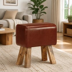 Gym Bok Bench 38cm Brown Leather Seat Solid Mango Wood Legs Padded Kitchen