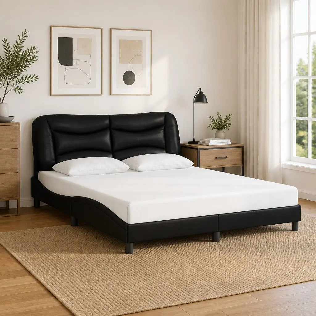 Black Faux Leather Queen Bed Frame with Headboard
