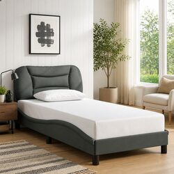 Grey Fabric Bed Frame with Cushioned Headboard