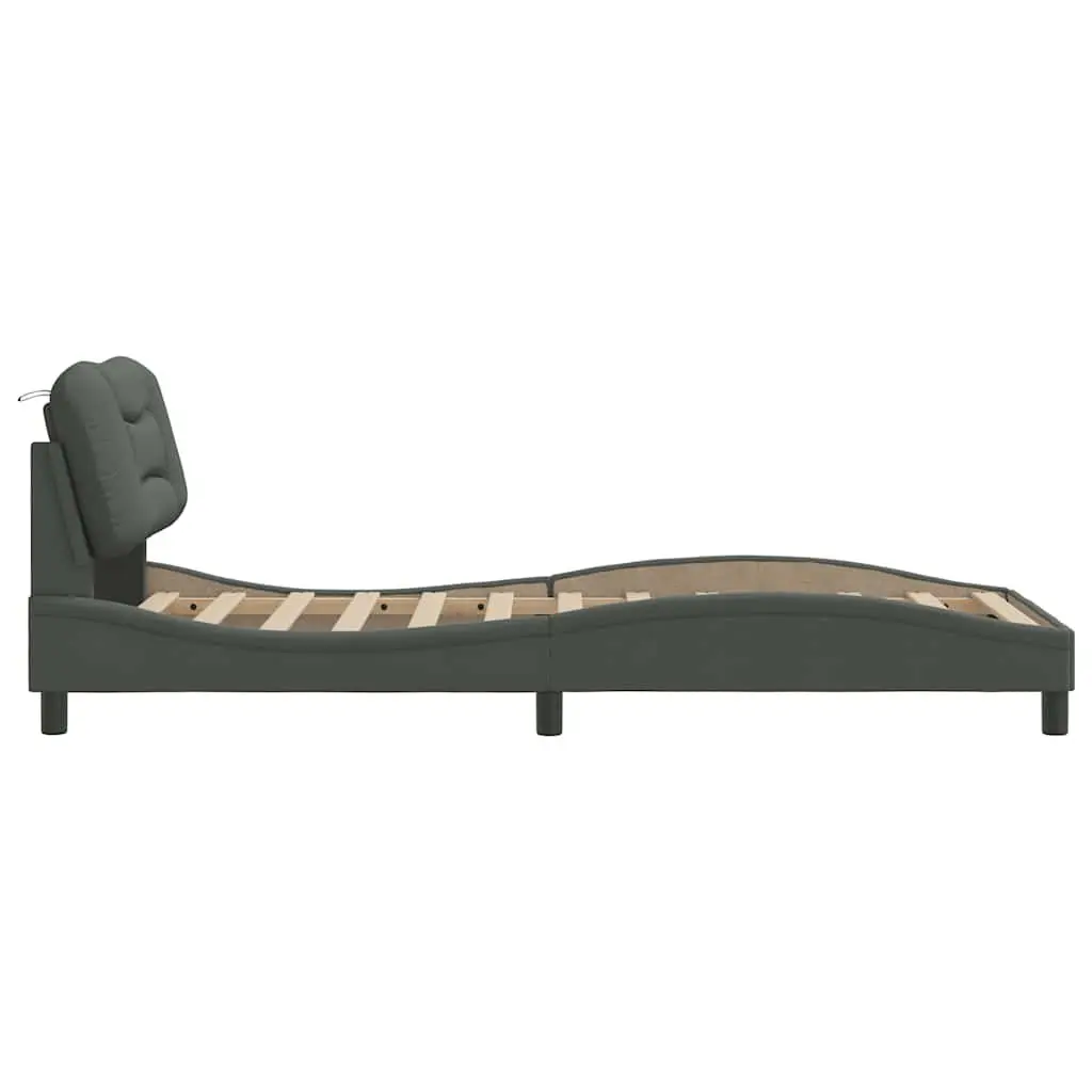 Grey Fabric Bed Frame with Cushioned Headboard
