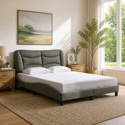 Grey Fabric Double Bed Frame with Stylish Headboard