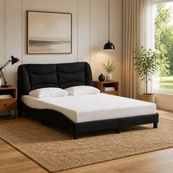 Stylish Black Fabric Double Bed Frame with Padded Headboard