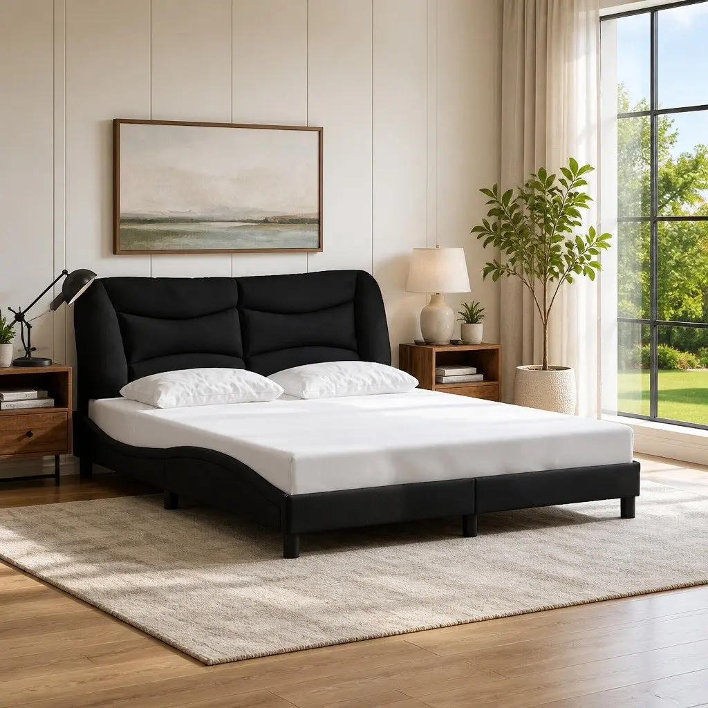 Black Fabric Queen Bed Frame with Cushioned Headboard