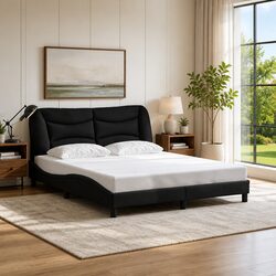 Elegant Black Fabric Queen Bed Frame with Cushioned Headboard