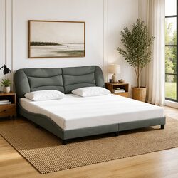 Stylish Grey King Bed Frame with Upholstered Headboard