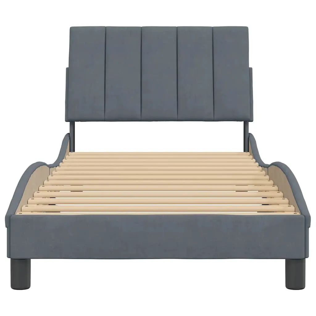 Grey Velvet Bed Frame with Cushioned Headboard