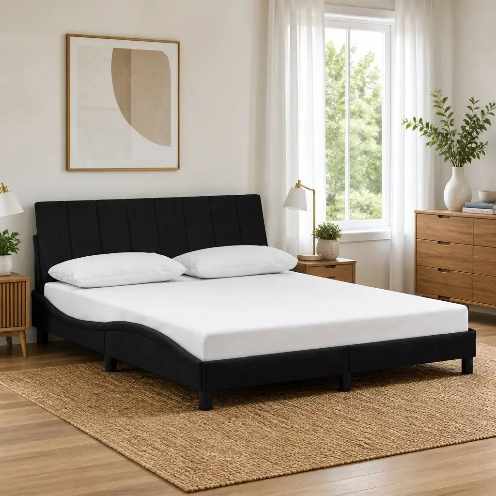 Black Velvet Queen Bed Frame with Cushioned Headboard