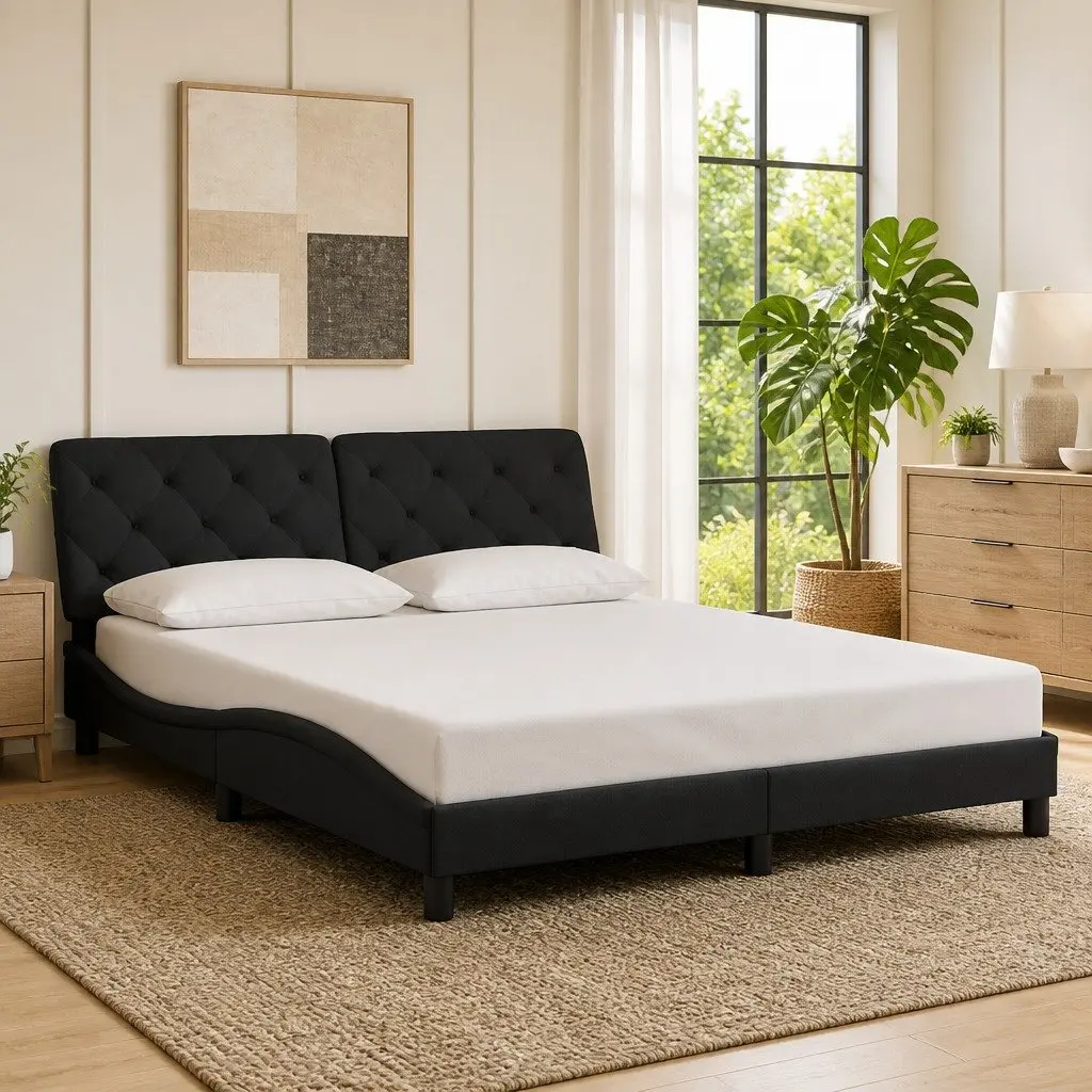 Queen Bed Frame with Black Velvet Headboard