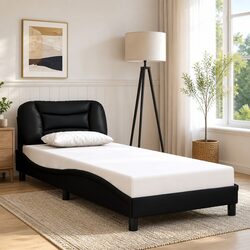 Durable Black Faux Leather Bed Frame with Slatted Base
