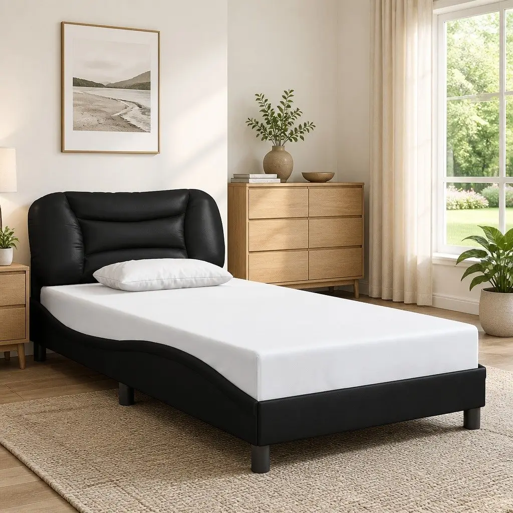 Black Faux Leather King Single Bed Frame with Cushioned Headboard