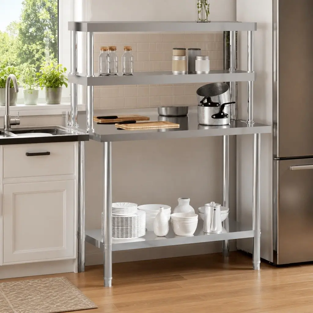 Stainless Steel Kitchen Work Table with Overshelf