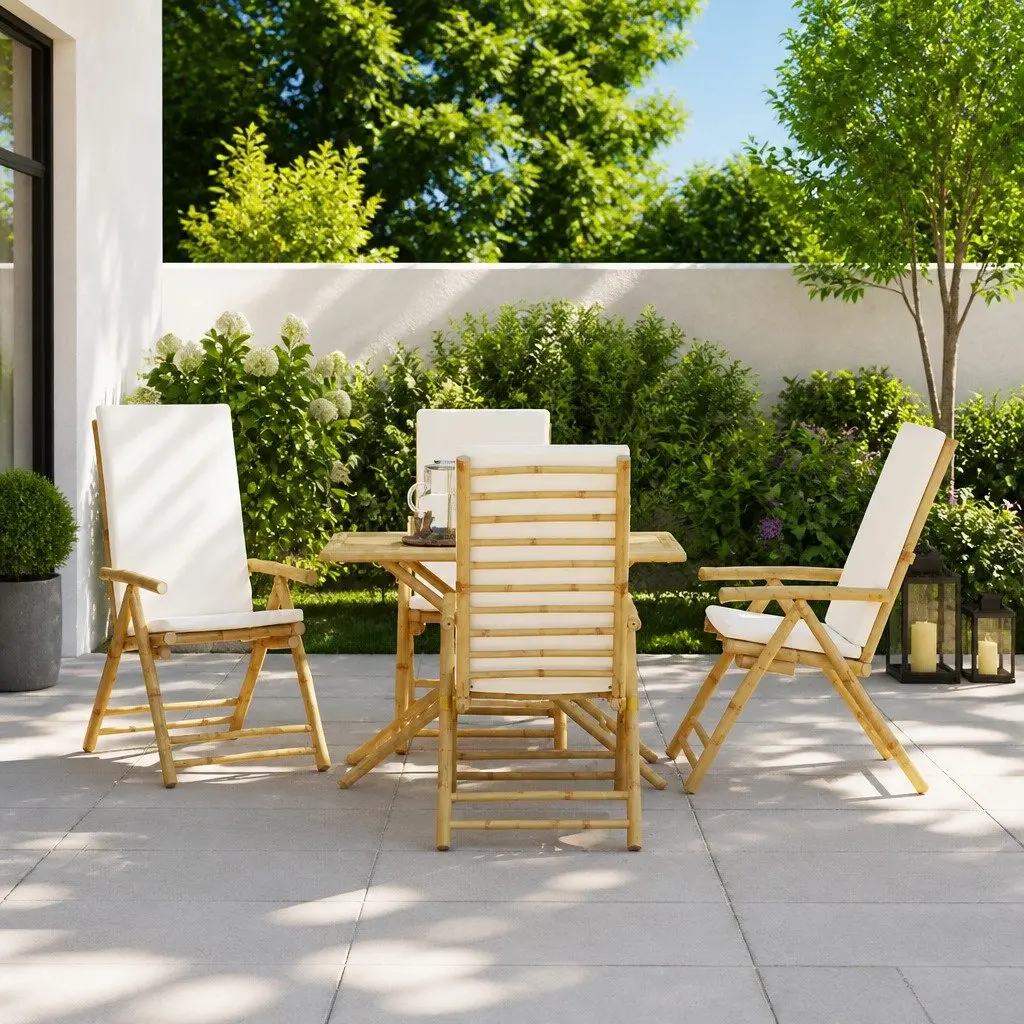 Folding Garden Reclining Chair Solid Bamboo Brown 4 Piece Set Five-Position Adjustable Backrest Cream White Padded Cushion