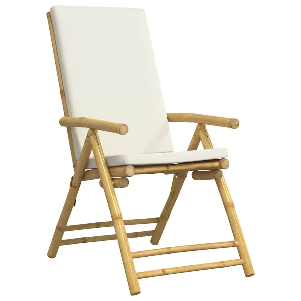 Folding Garden Reclining Chair Solid Bamboo Brown 4 Piece Set Five-Position Adjustable Backrest Cream White Padded Cushion