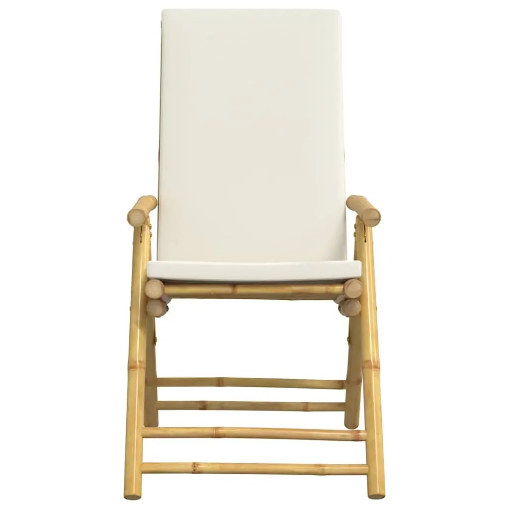 Folding Garden Reclining Chair Solid Bamboo Brown 4 Piece Set Five-Position Adjustable Backrest Cream White Padded Cushion