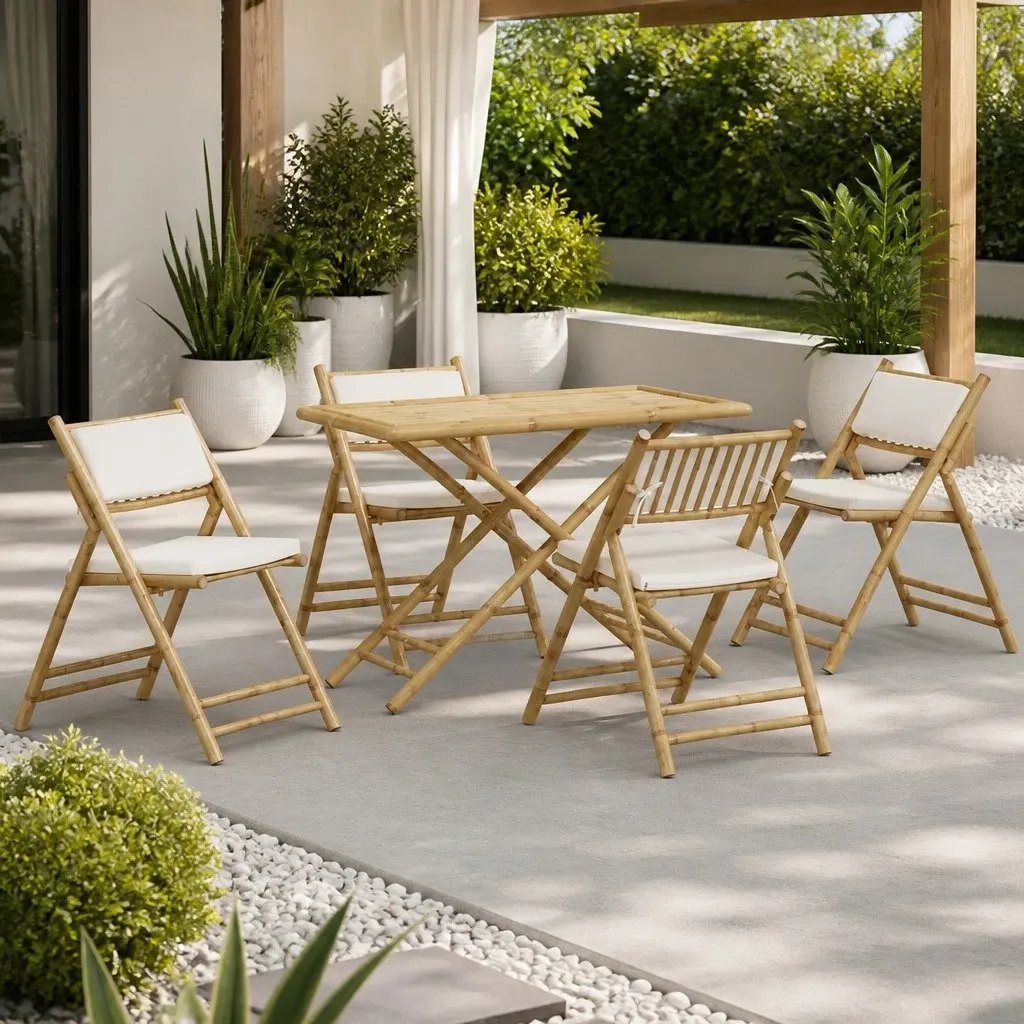 Bistro Set Bamboo 5 Piece Folding Garden Furniture with Cushions Brown
