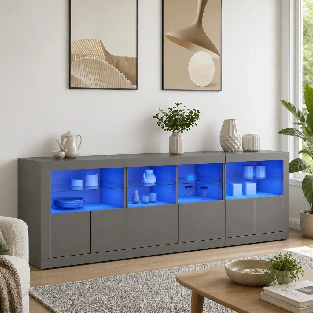 Sideboard Cabinet Engineered Wood 202x37x67cm White with RGB LED Lights