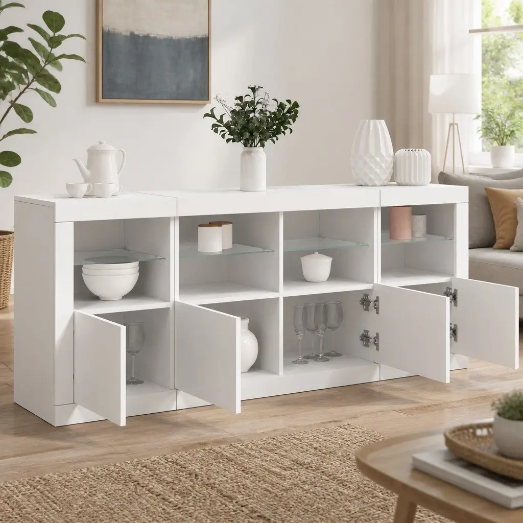 Sideboard Engineered Wood 163x37x67cm White RGB LED Lights