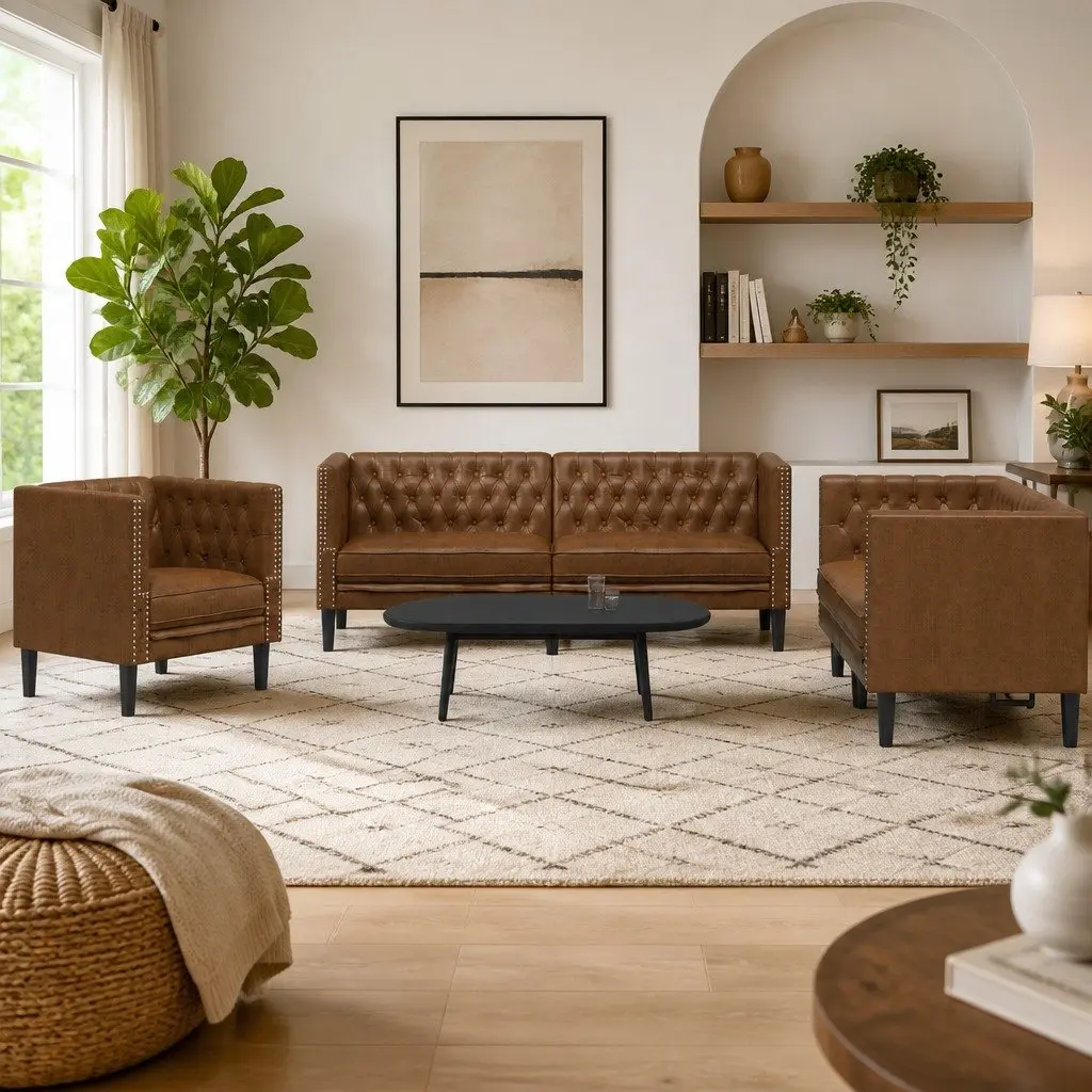 Brown Faux Suede Chesterfield Sofa Set
