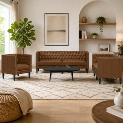 Premium Brown Faux Suede Chesterfield Sofa Set