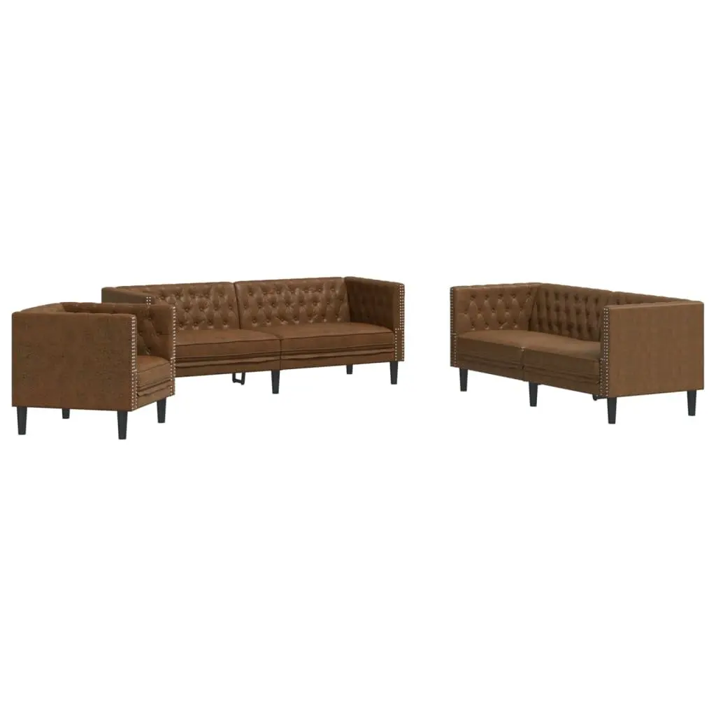 Brown Faux Suede Chesterfield Sofa Set