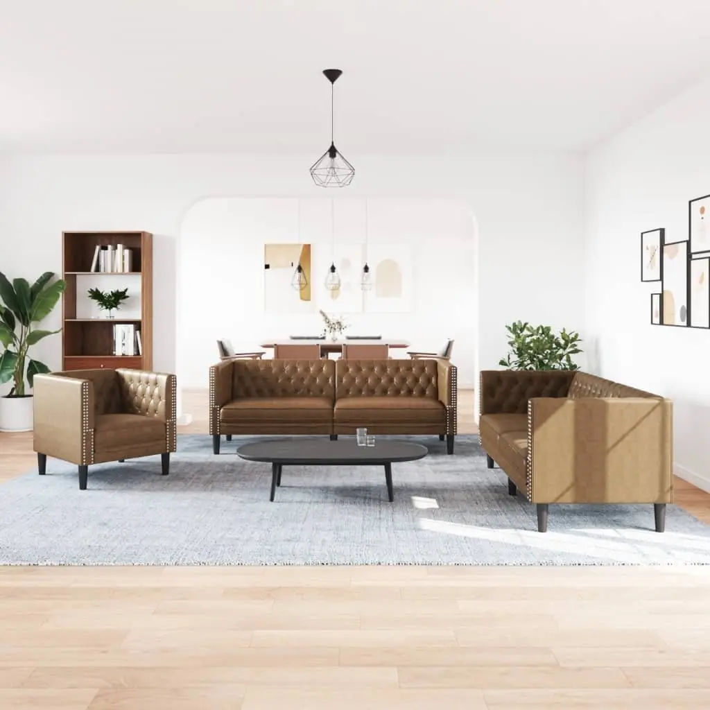 Brown Faux Suede Chesterfield Sofa Set