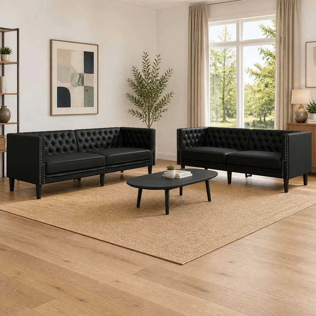 Chesterfield Sofa Set in Black Faux Leather