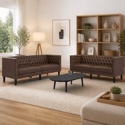 Brown Button Tufted Chesterfield Sofa Set 2 Piece