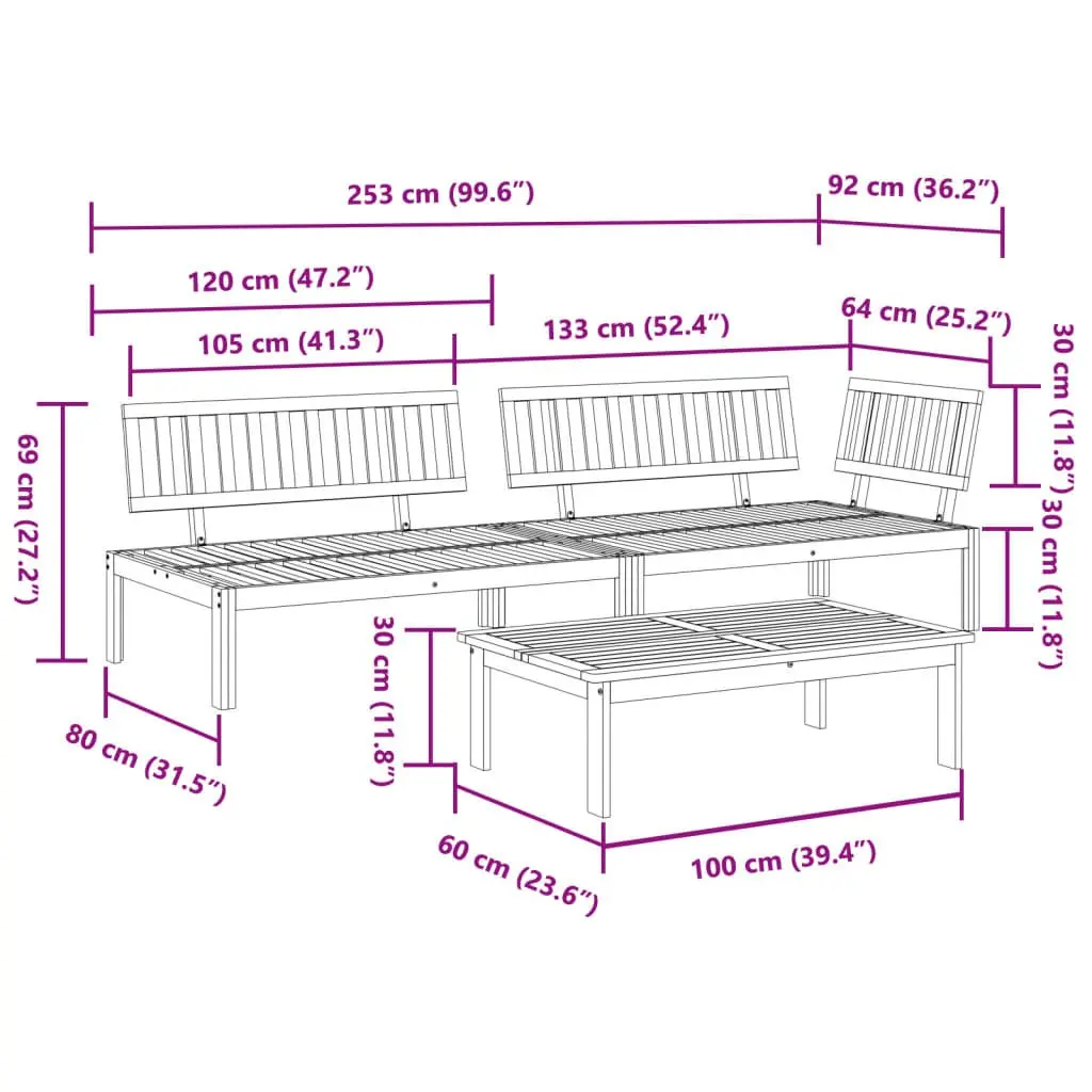 Solid Wood Acacia Outdoor Sectional Sofa Set 3 Piece