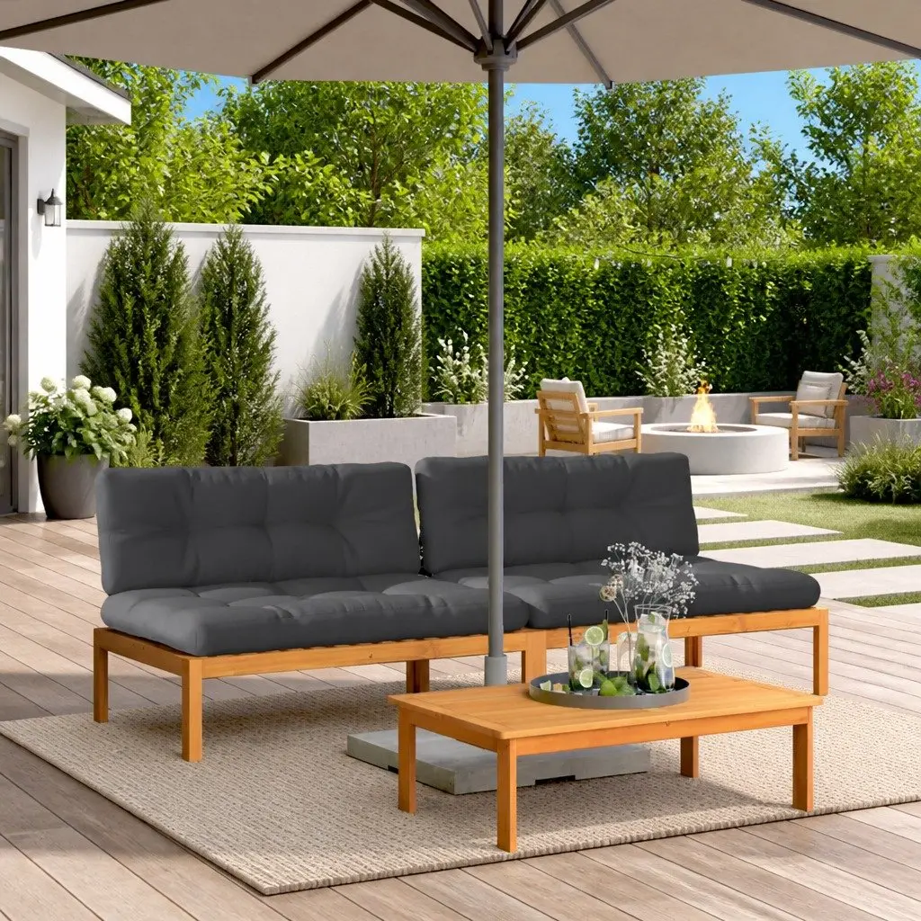 Outdoor Seating Solid Acacia Wood 2 Piece Brown Modular Middle Sofas with Cushions