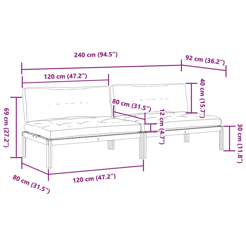 Outdoor Seating Solid Acacia Wood 2 Piece Brown Modular Middle Sofas with Cushions