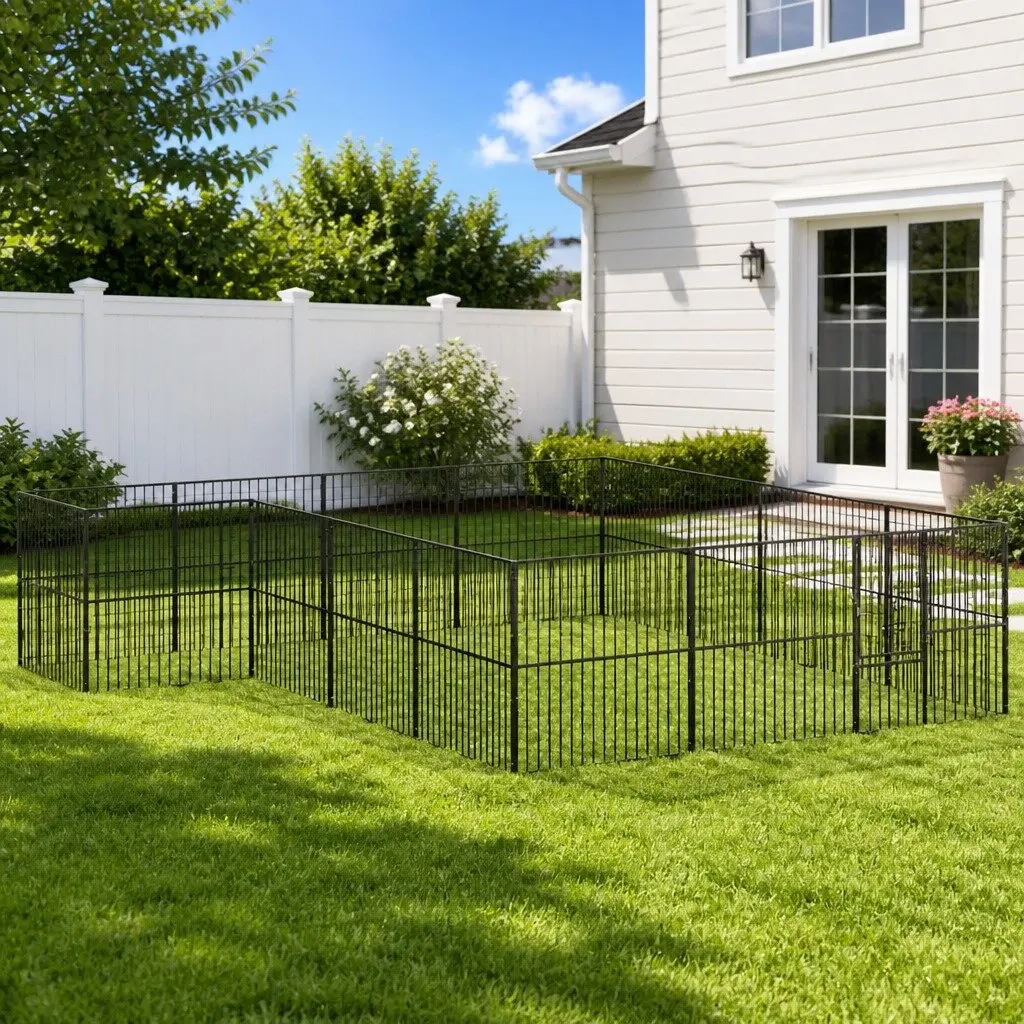 16-Panel Black Steel Dog Playpen for Pets