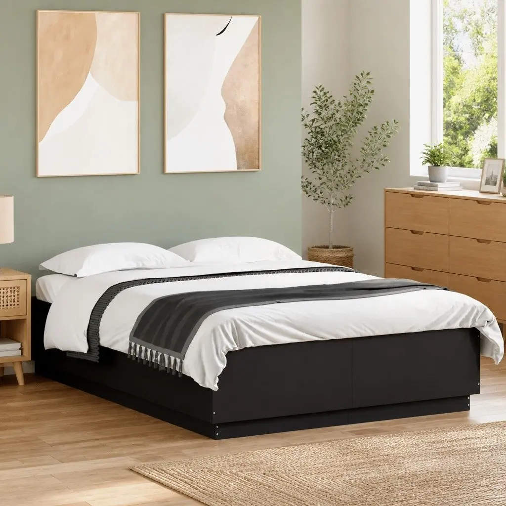 Bed Frame Engineered Wood 150x200 cm Black RGB LED Lights Slatted Base