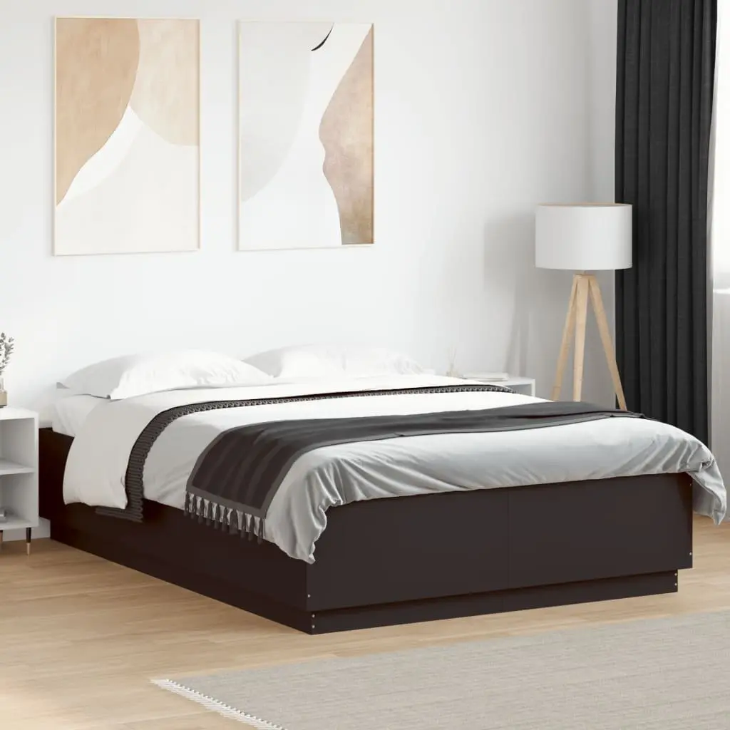 Bed Frame Engineered Wood 150x200 cm Black RGB LED Lights Slatted Base