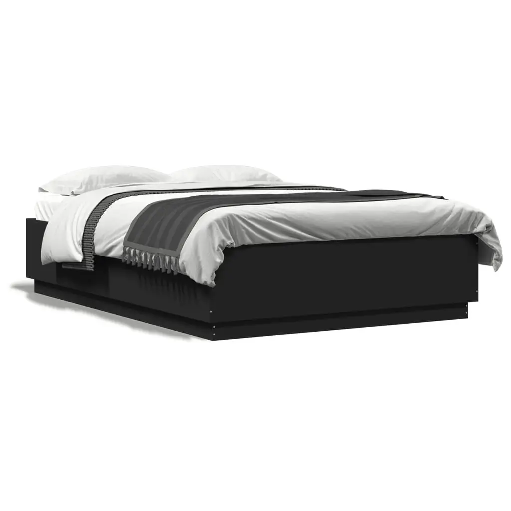 Bed Frame Engineered Wood 150x200 cm Black RGB LED Lights Slatted Base
