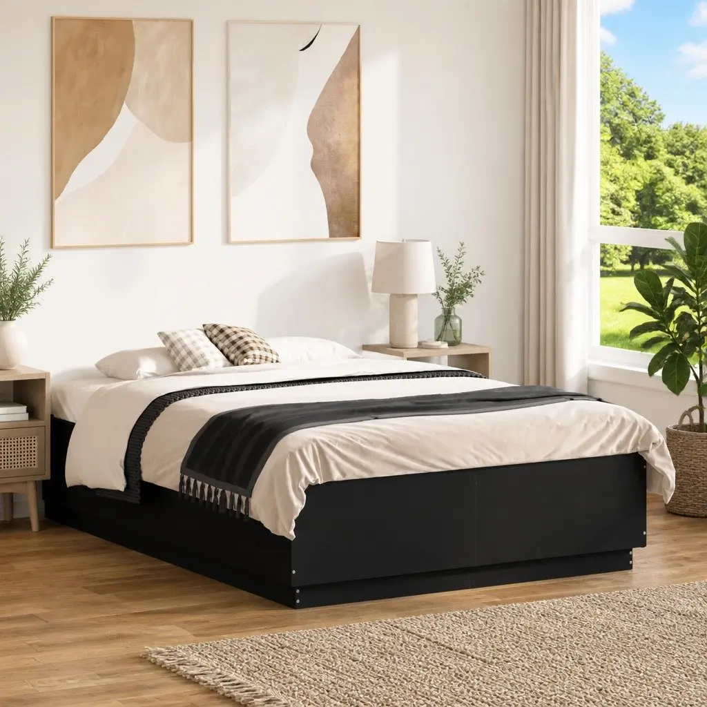 Bed Frame Engineered Wood Slatted Base Black 135x190 cm